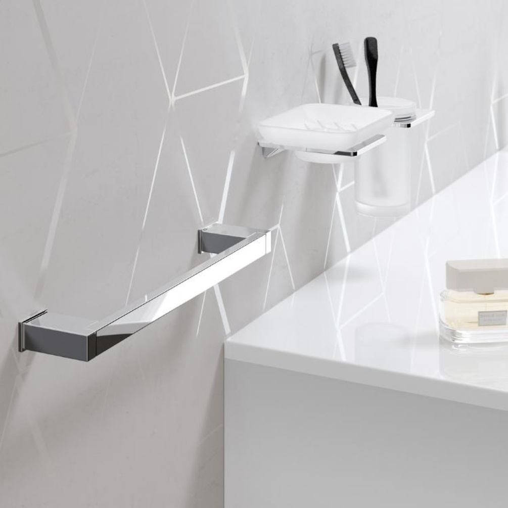 Product Lifestyle image of the Origins Living S Cube Chrome Towel Rail mounted next to S Cube Chrome Soap Dish and S Cube Chrome Tumbler Holder